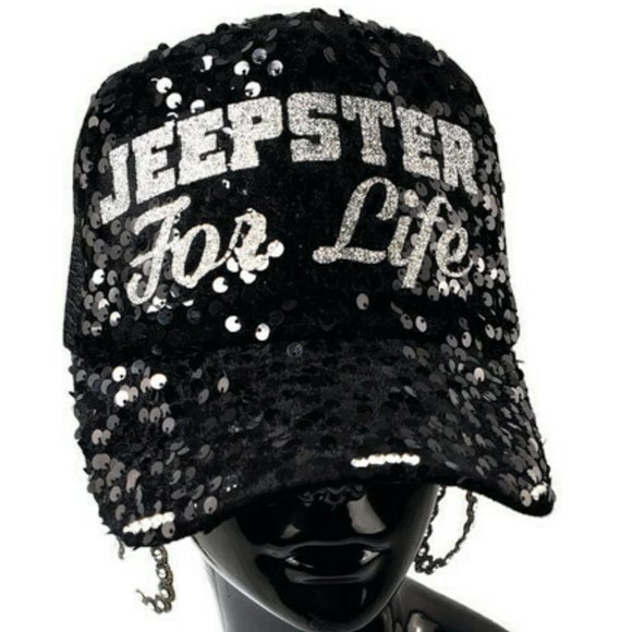 Jeepster For Life!  Black Sequin Cap with Red Shiny Glitter & Crystals. - Picture 2 of 2